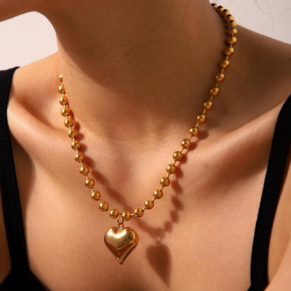 18K Gold Heart Pendant Necklace with Round Bead Chain in Titanium Steel – European & American Classic Style for Women