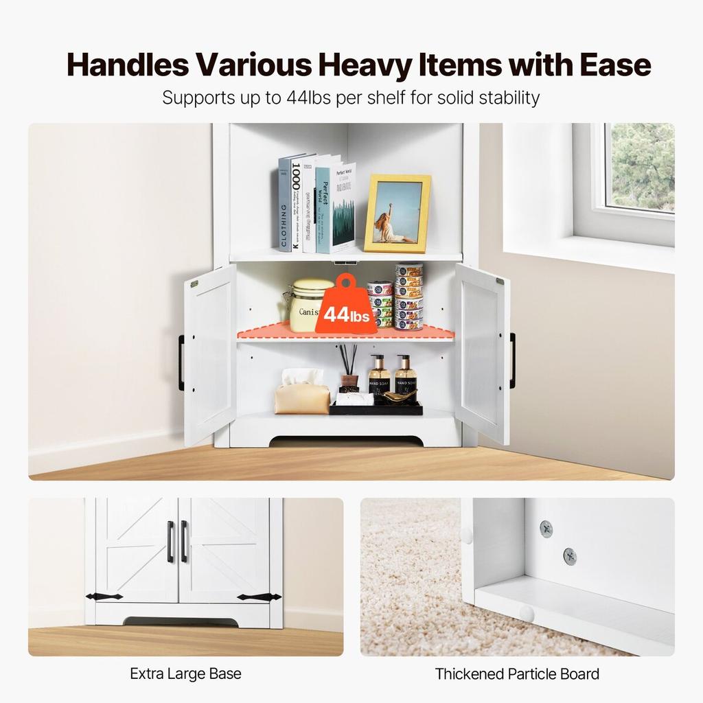 68" Corner Storage Cabinet with 4 Wooden Doors & Adjustable Shelves White