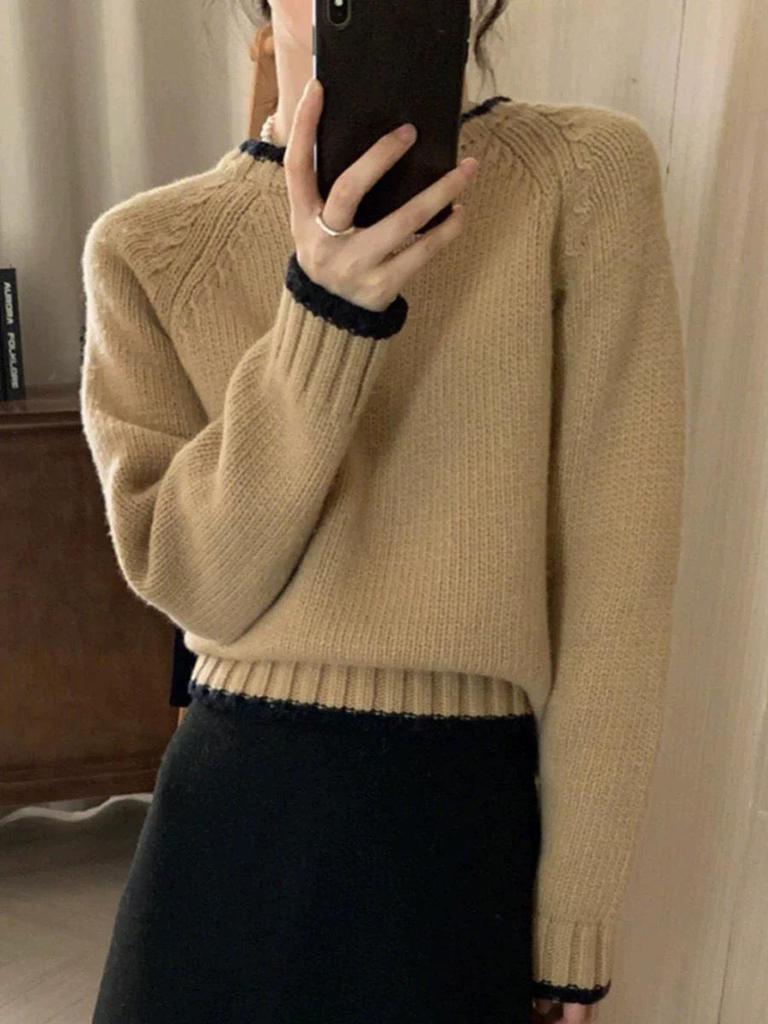 Women's European Style Color Block Wool Sweater - Raglan Sleeve, Round Neck, Thickened Cashmere, Autumn/Winter