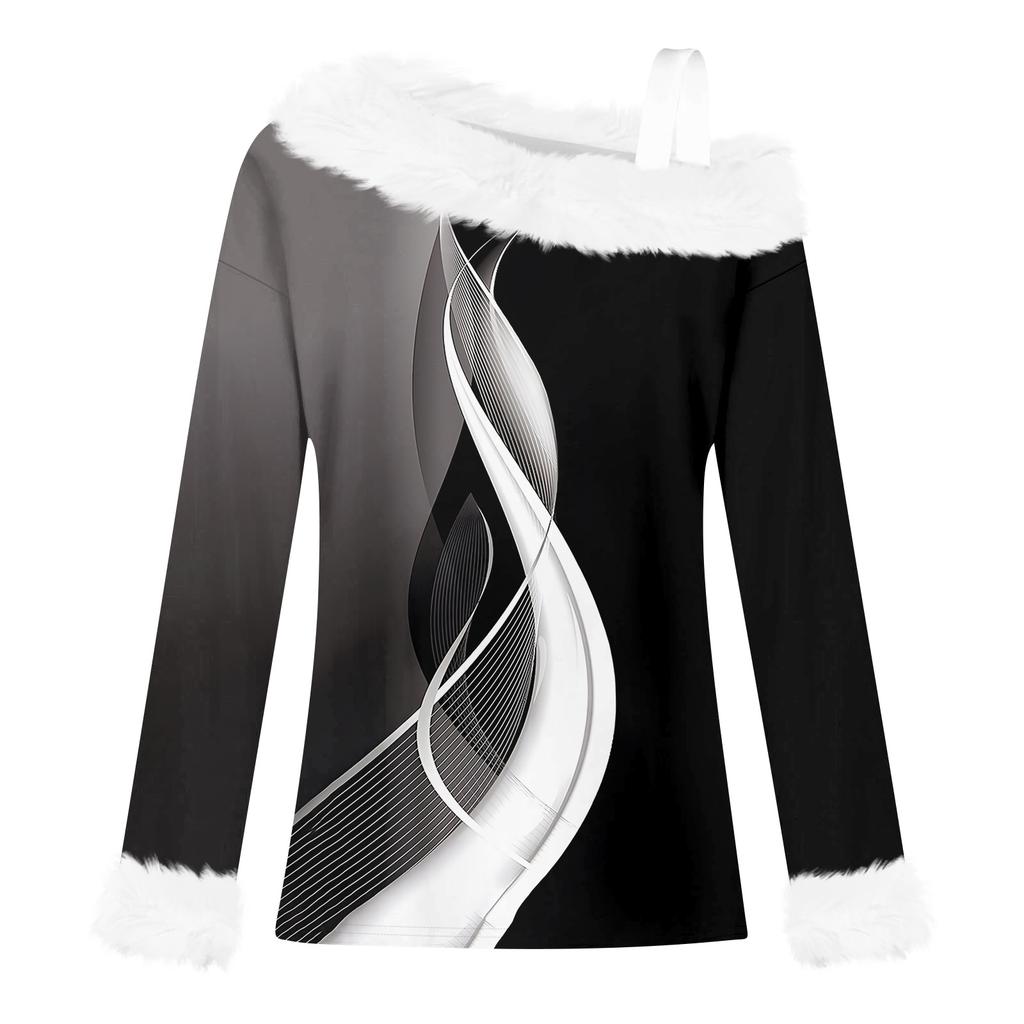 Women's Off-the-shoulder Plush Neck Printed Long-sleeved Pullover T-shirt Top