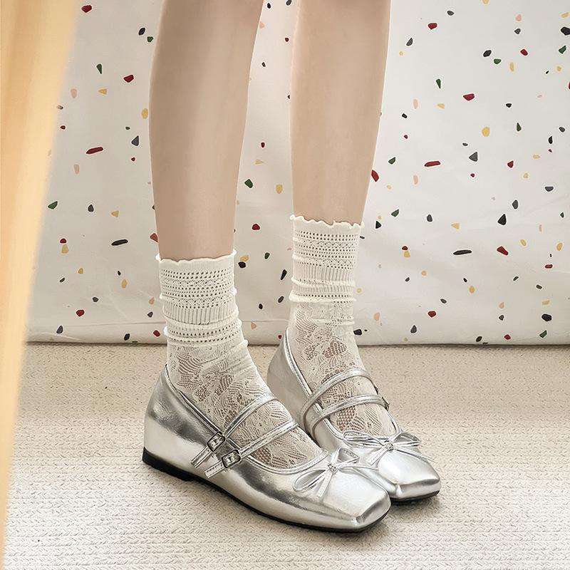 French ballet flat shoes summer new with skirt light mouth single shoes silver Mary Jane shoes