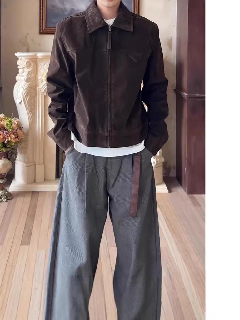 Αμερικανικό Δερμάτινο Μπουφάν Bomber από Σουέτ Ελαφιού: Unisex κοντό στυλ σε πολυτελές καφέ, ελαφρύ ρούχο εργασίας εμπνευσμένο από την Κορέα