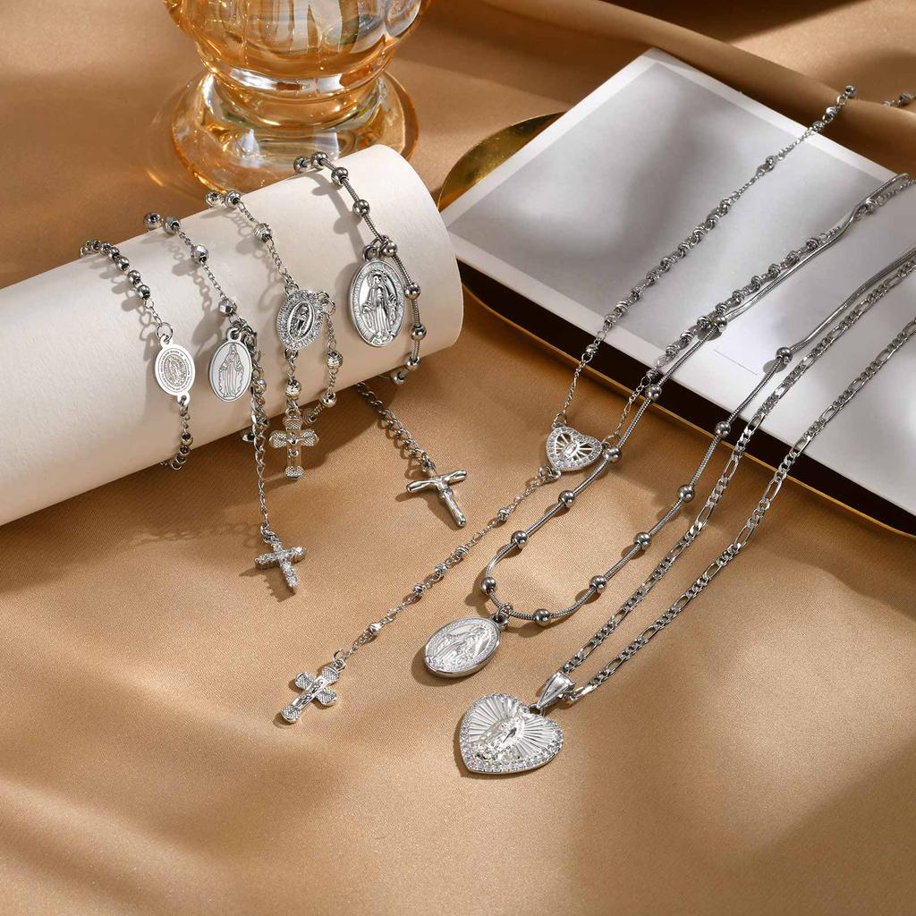 Bracciale Rosario Vergine Colore Argento per Donna, Braccialetti a Catena Serpente con Crocifisso e Perline in Acciaio Inossidabile, Gioielli Cattolici