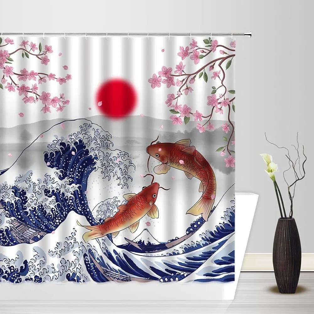 Japanese Waves Shower Curtain Cherry Blossom Pulm Flower Moon Koi Fish Kanagawa Waves Asian Romantic Fabric Bathroom Curtains