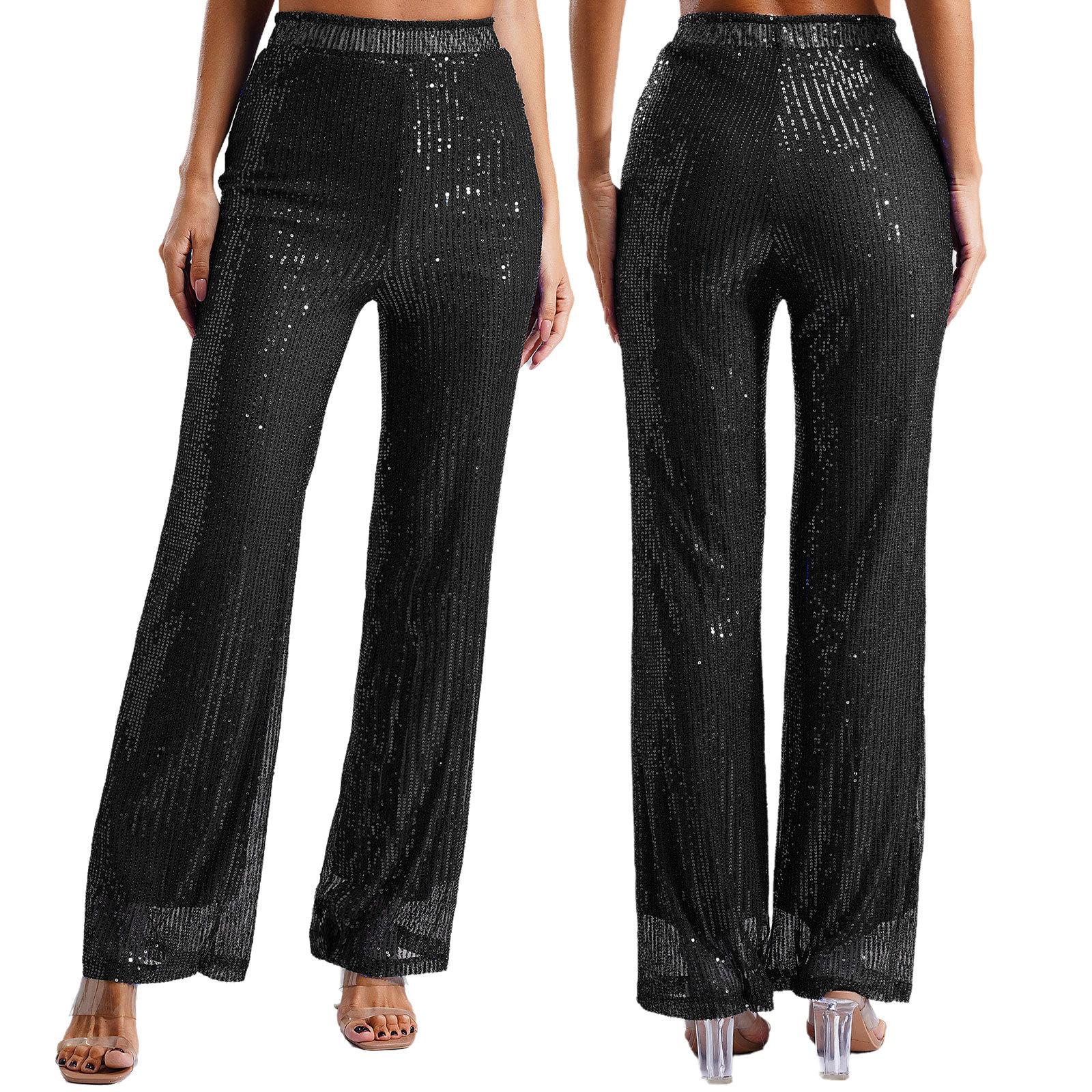 

Женские блестящие широкие брюки с высокой посадкой и эластичным поясом, полностью на подкладке, свободный крой, блестящие брюки для вечеринок, клубная одежда S чёрный