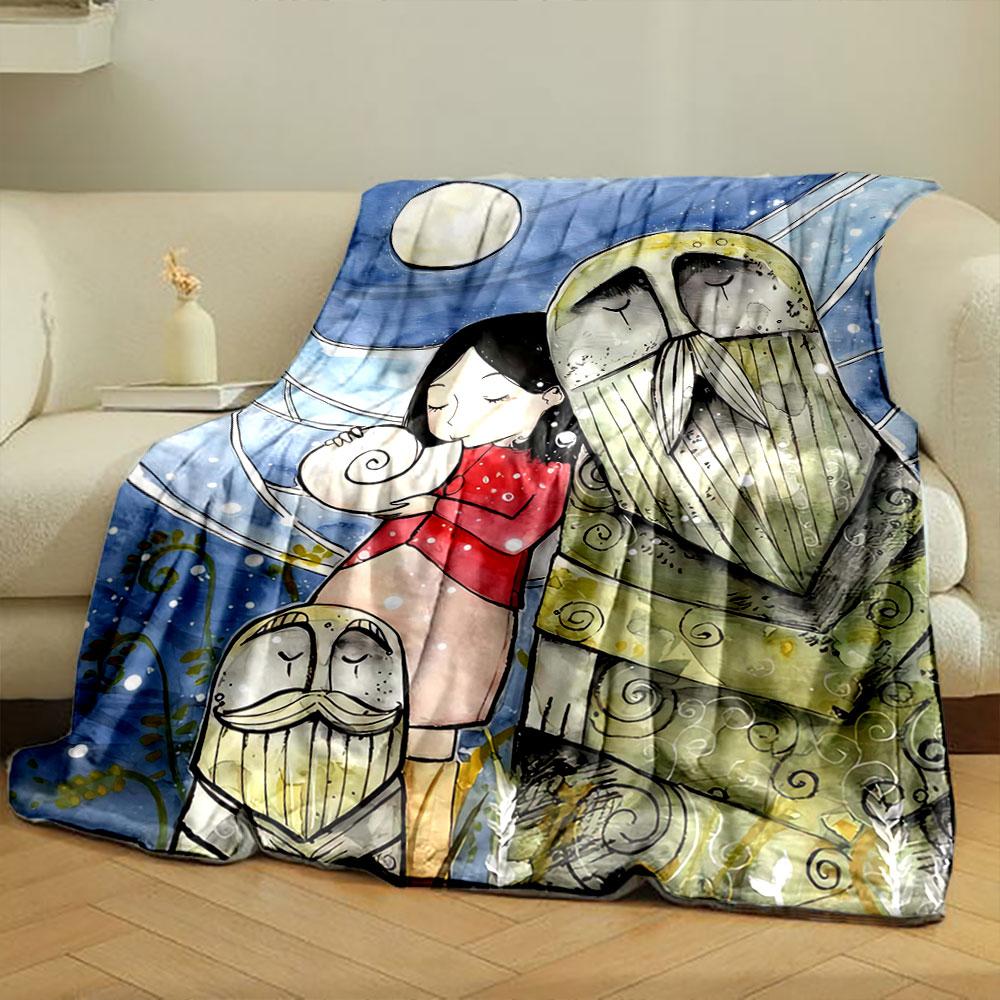 Whimsical figures with swirling patterns under a bright moonlit sky. for all seasons blanket lunch break throw gift