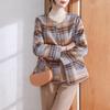 Xuexi Women's Autumn Plaid Striped Long-Sleeve Coat