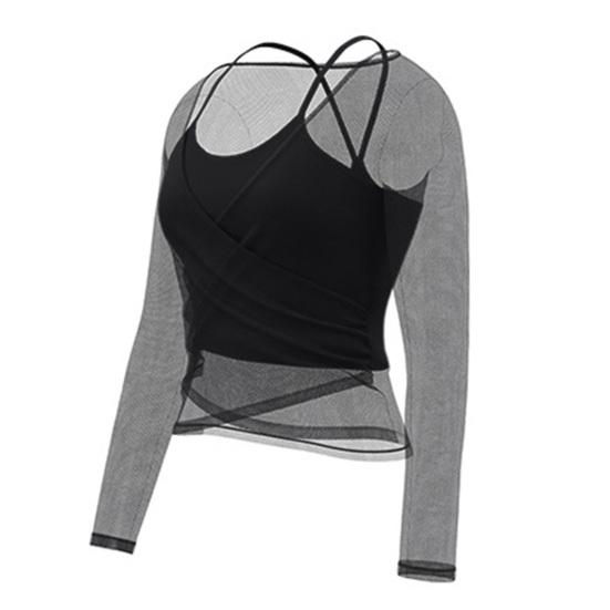 Long Sleeve Yoga Two-Piece Set for Women Mesh Gym Athletic Tops Workout Shirts with Support Sports Bra