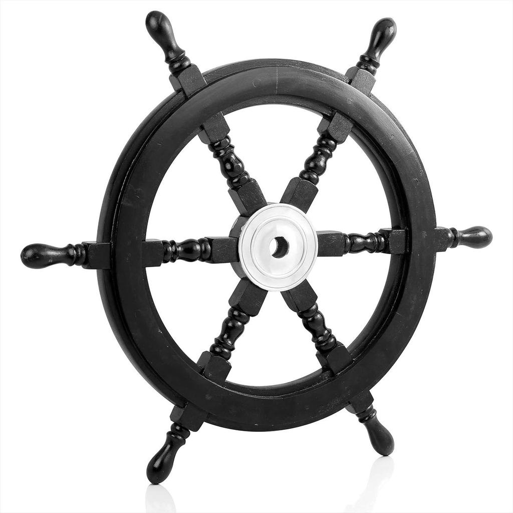 Premium Sailor's Hand Crafted Brass & Wooden Ship Wheel | Luxury Gift Decor | Boat Collectibles (Black (Aluminum Ring), 16 Inches)