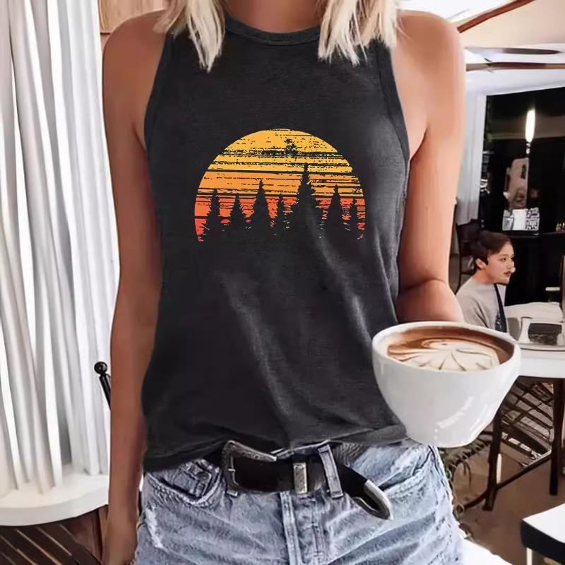 Sonnenaufgangslandschaft bedruckte Damen Rundhals-Pullover Frühling und Sommer lässiges ärmelloses Top