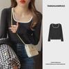 Women's 2024 Spring Korean Style Slim Fit Square Collar Long-Sleeve Top