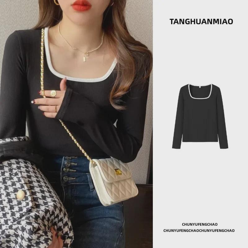Women's 2024 Spring Korean Style Slim Fit Square Collar Long-Sleeve Top