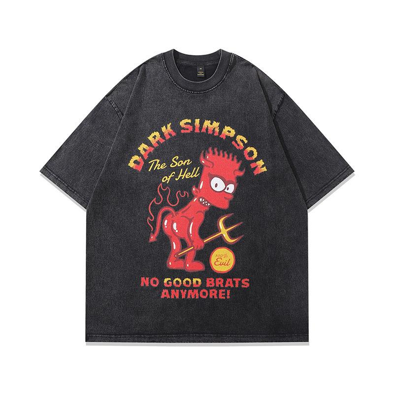 Spring And Summer New Washed Old T-Shirts For Men And Women American High Street Retro Trendy Brand Dark Printing Short Sleeves