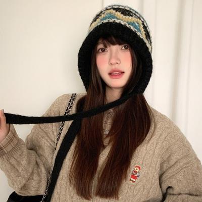 Vintage Fair Island Hat Women's Winter Balaclava Warm Big Head Circumference Winter Knitted Wool Hat Ear Protector