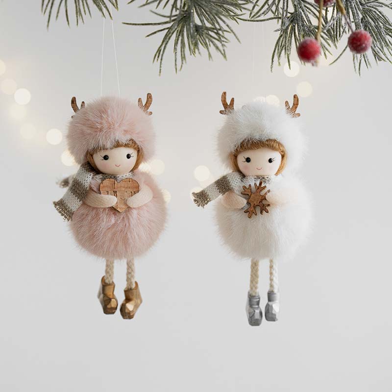 WTEMPO Charming Angel Round-Bellied Deer Antler Doll Hanging Pendents White Pink Christmas Ornaments Easy-Hang for Christmas Tree & Festive Party