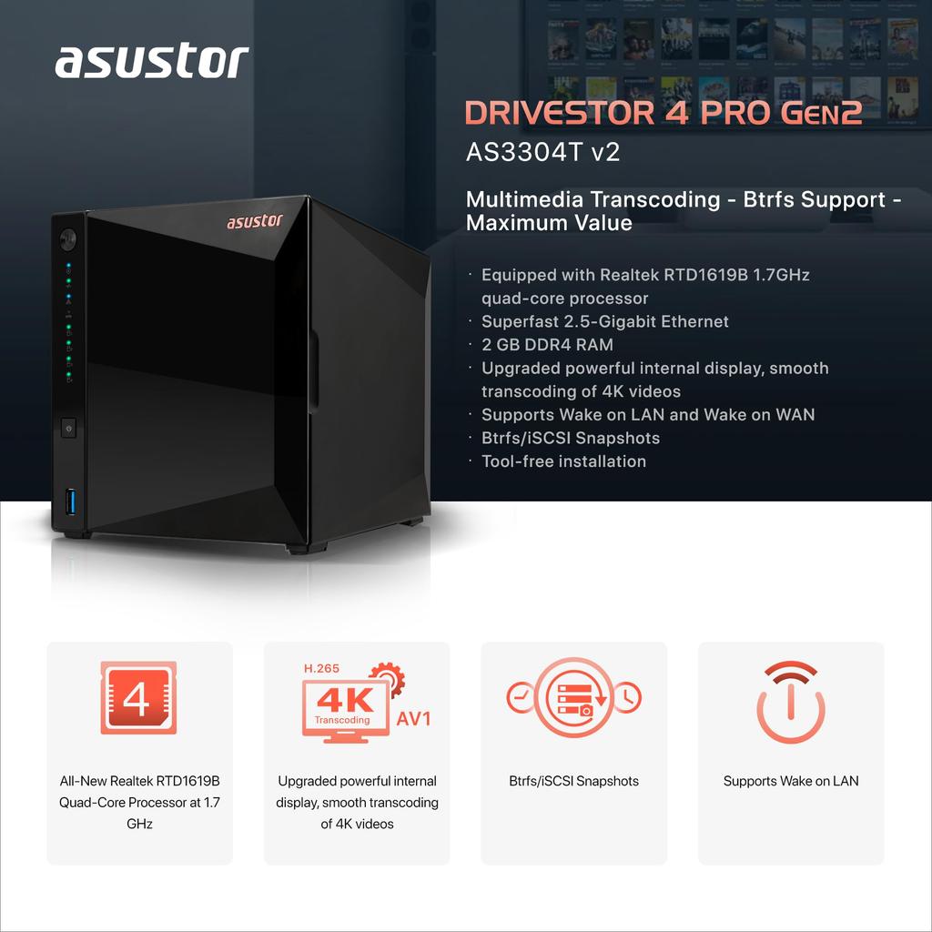 ASUSTOR ASUS Subsidiary NAS Kit AS3304Tv2 Drivestor 4 Pro Gen2 Equipped with CPU Port DDR42GB Memory Warranty Domestic Authorized Distributor Product