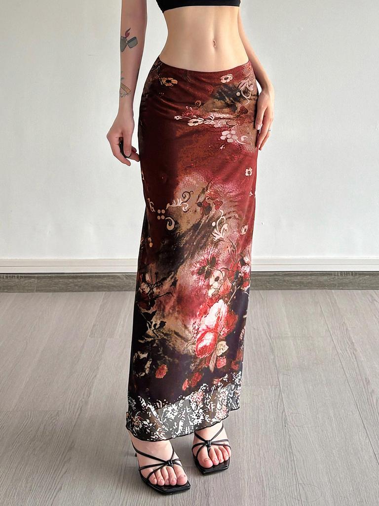 Retro Tie-Dye Mesh Patchwork High Waist A-Line Skirt