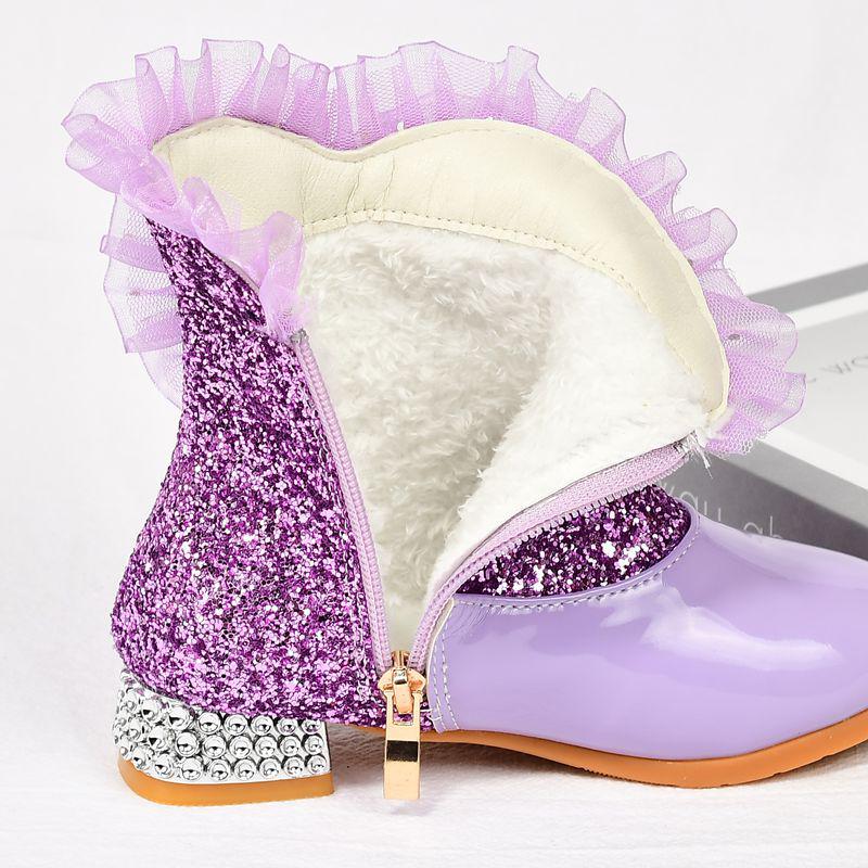Kuromi Girls' Purple High-Heeled Ankle Boots - Velvet Lined, Warm Snow Boots for Autumn & Winter