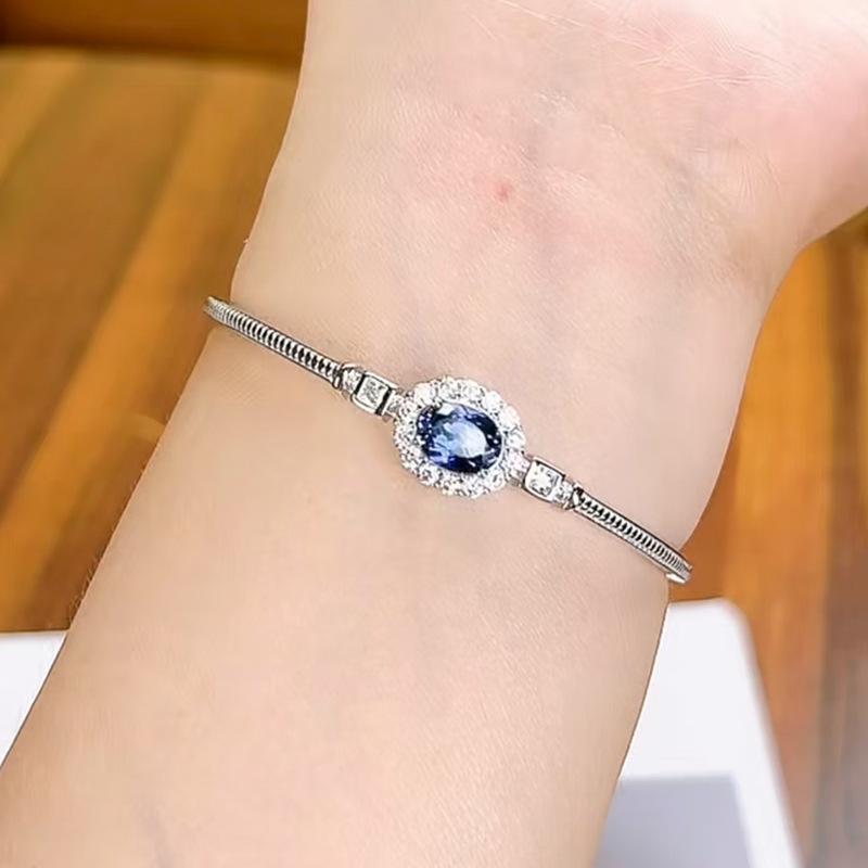 Zhuozhifan S925 Silver Simulated Blue Sapphire Bracelet - 6x8mm Corundum Bangle