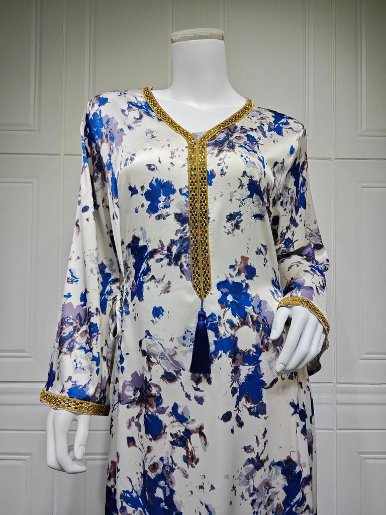 2024 Autumn/Winter Middle East-Style Elegant Print Long Robe for Home Wear