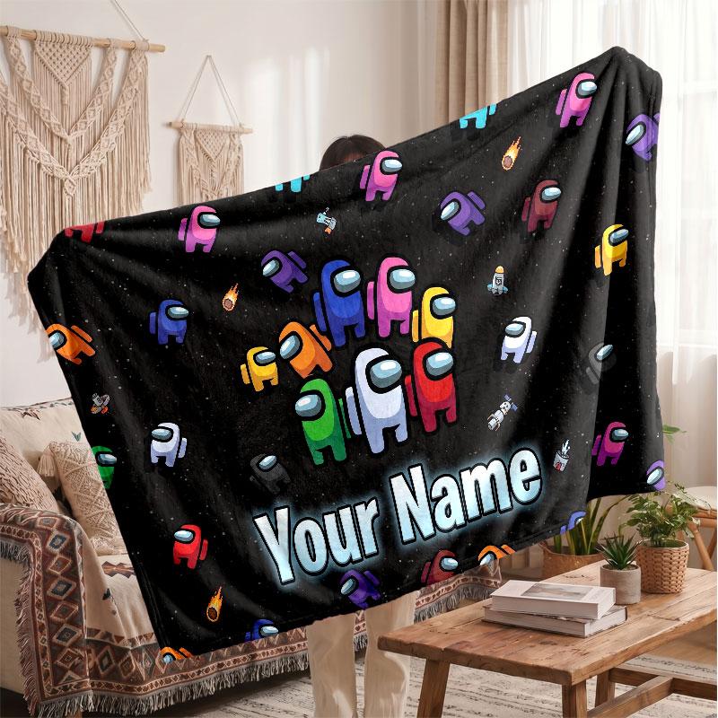 Among Us Personalized Flannel Blanket, Custom Printed Text Name, Warm Soft Blanket For Couch Bed