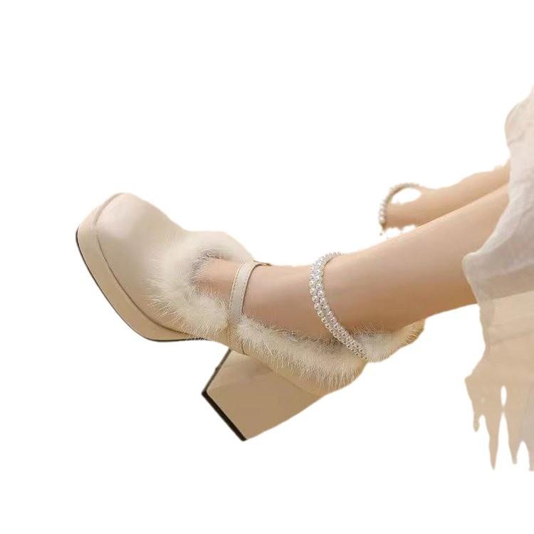 Mary Jane Mao Mao shoes thick heel small high heels new 2025 autumn and winter velvet one-word buckle single shoes