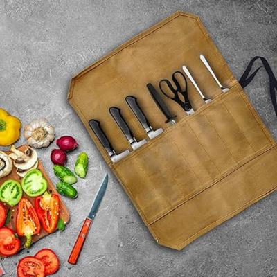 Tragbare Messerrolltasche, Wachsleinwand Kochmesser-Rolltasche mit 7 Fächern, Messertasche Messeraufbewahrungsetui Messerträger für Köche Kochliebhaber Khaki