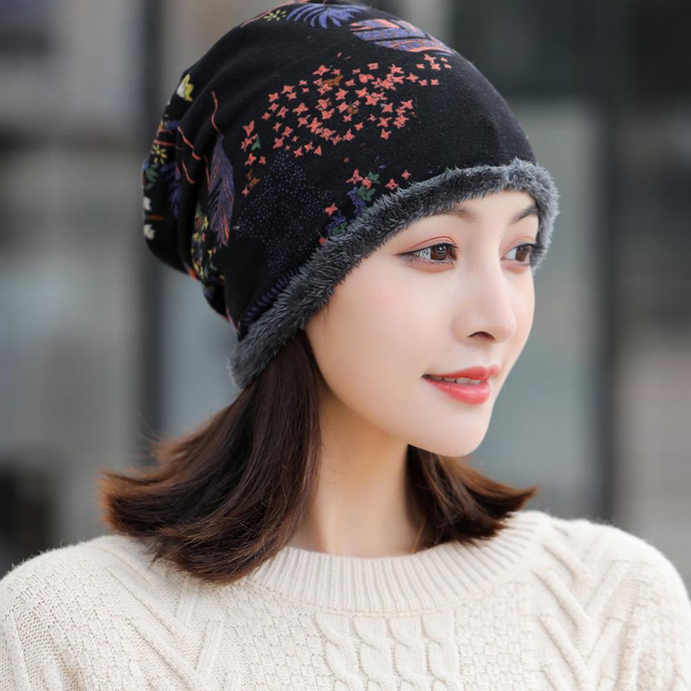Fashion Autumn Print Flower Soft Plus Velvet Warmer Bib Hats Women Hat Velvet Bonnet Beanie