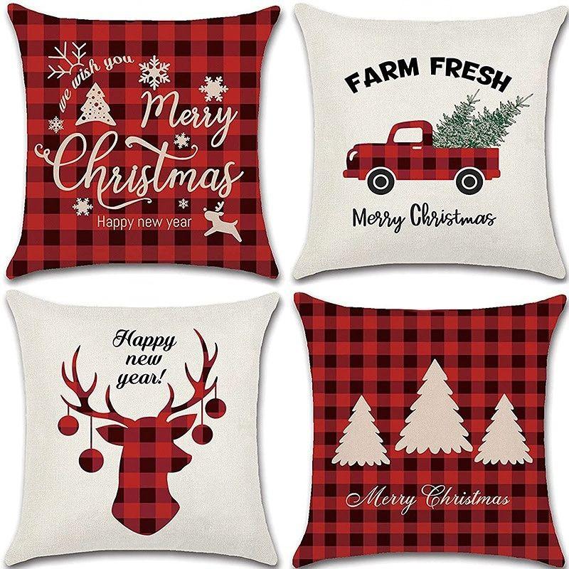 New Christmas Throw Pillow Cushion Home Decoration Short Plush Linen Printed Throw Pillow Cover