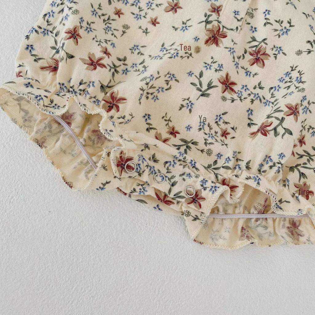 Autumn 2024 Baby Girl Cotton Romper: Printed, Lapel, Puff Sleeves, Long Sleeve, Loose Fit, Triangle Design for Crawling.