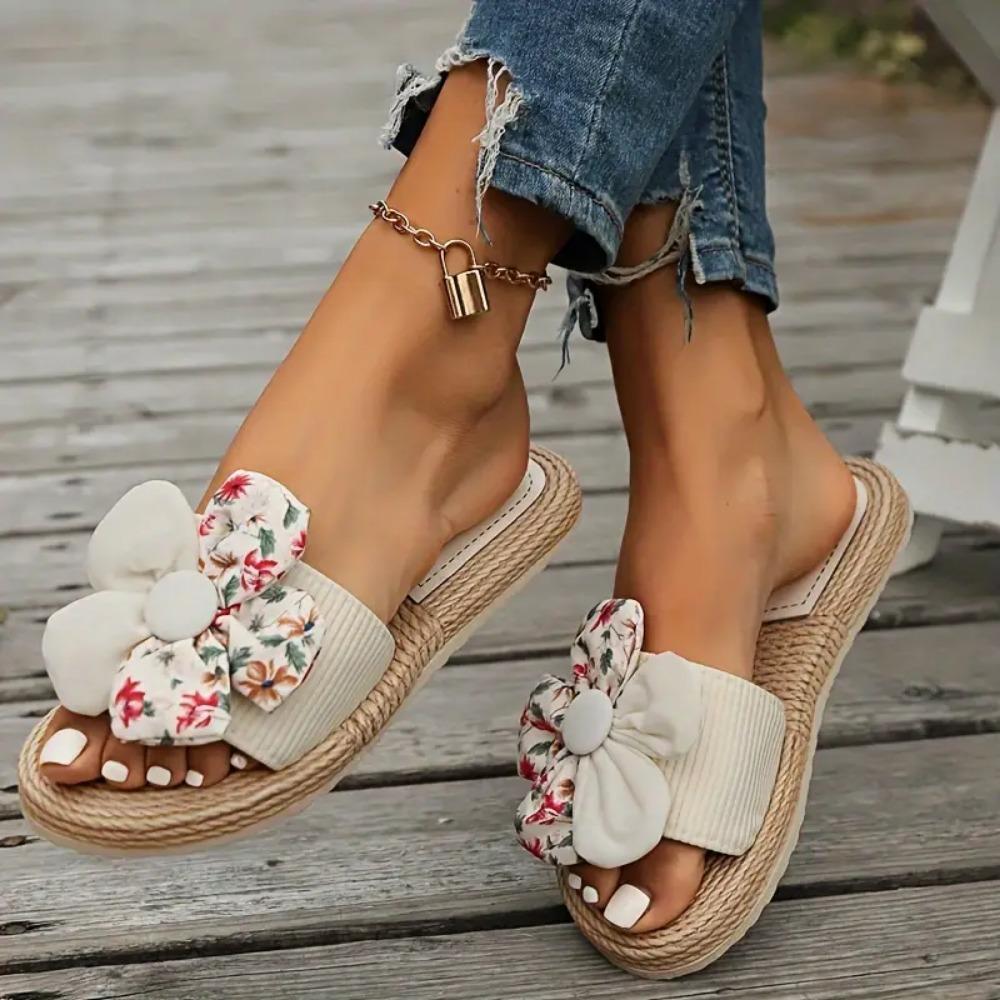 Dames Slippers met Bloemendecoratie - Casual Open Teen Comfort Slides, Wit met Gele Middenstukken, EVA Zool, Zomer Strandkleding, Casual Schoenen