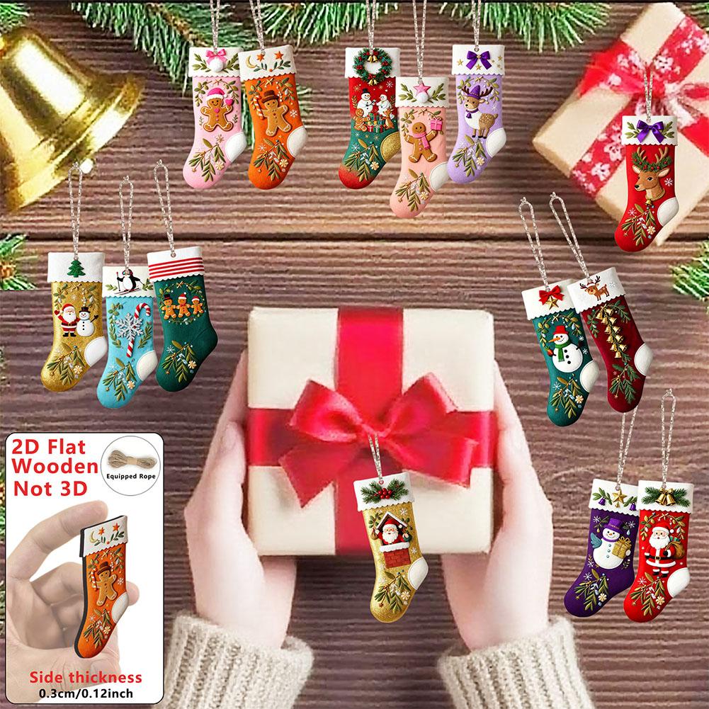 Wooden Christmas Stocking Ornaments 2D Flat Hanging Decorations With Rope, Xmas Tree Pendant For Home Party Holiday Decor Gifts