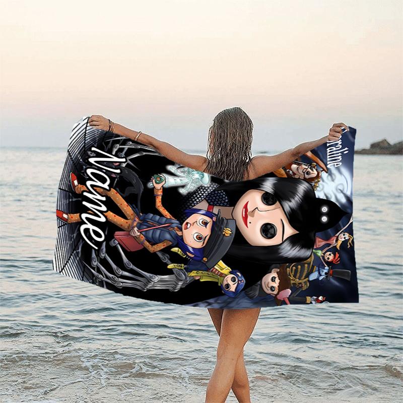 1pc Coraline2 Beach Towel with Custom Name, Beach/Swimming/Bath/Picnic/Camping Towel, Suitable for Seaside Beaches