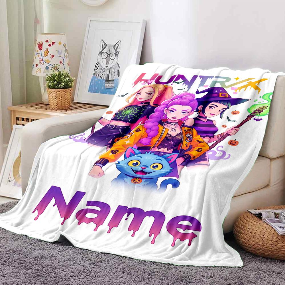 Custom Name Kpop Demon Hunters Theme Printed Blanket Perfect For Couch Bed Travel Outdoor Use Machine Washable Cozy Durable