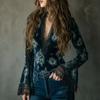 Elegant Velvet Blouse Lace Trim V-Neck Long Sleeve Flared Top