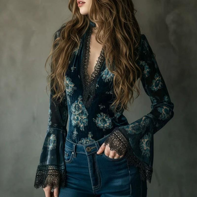Elegant Velvet Blouse Lace Trim V-Neck Long Sleeve Flared Top