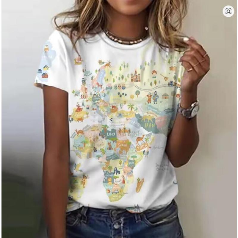 Tricouri de damă cu imprimeu 3D cu model hartă mondială, casual, cu gât rotund, de vară, largi, cu mâneci scurte, amuzante, pulover