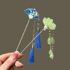 Female Alloy Hairpin With Long Tassel Chinese Hair Stick Blue Petal Headwear Fairy Pearl Cheongsam Decor Haie Bun Jewelry