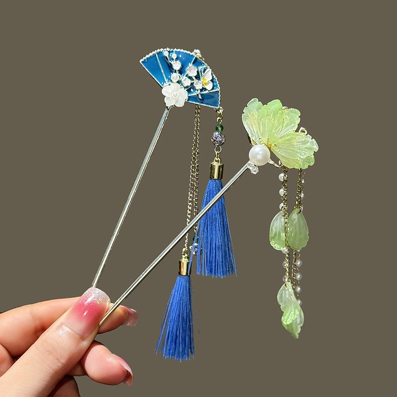 Female Alloy Hairpin With Long Tassel Chinese Hair Stick Blue Petal Headwear Fairy Pearl Cheongsam Decor Haie Bun Jewelry