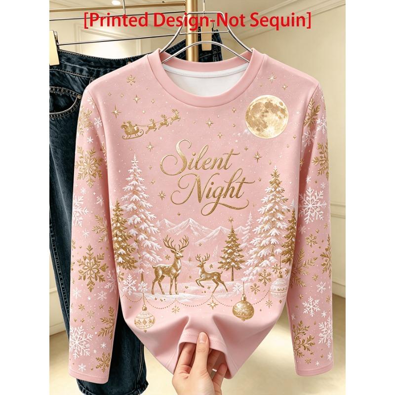 Women's elegant long sleeves, Christmas starry sky, elk and snowflake print, round neck bottoming shirt, perfect for daily commuting