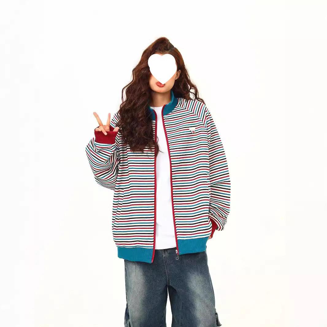 

Women s Retro Rainbow Striped Jacket with Stand-Up Collar - 2024 Autumn Trend 3XL