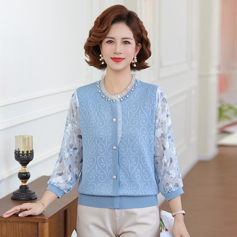 Elegant Spring Knit Top: Stylish Jacquard Seven-Sleeve Design for Moms, Perfect Base Layer for Middle-Aged and Elderly Women