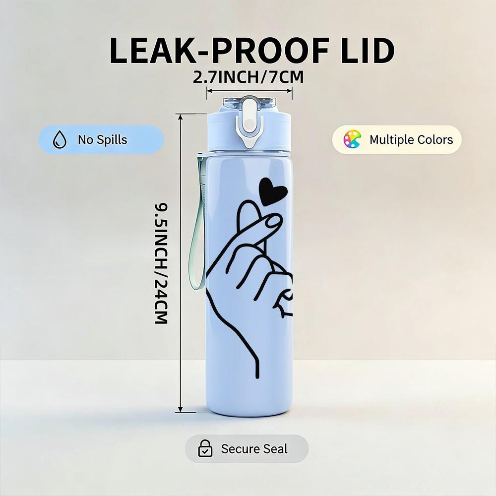 1PC Minimal Hand Hold Heart Line Art Print 750ml Color Plastic Sports Water Bottle Leakproof Flip Straw Lid Suitable for Sports Office Home Use