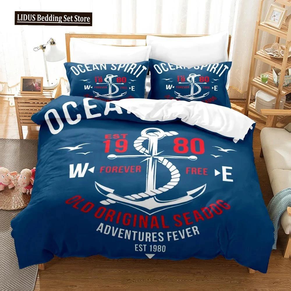 Nautical Bedding Set Ocean Anchor Duvet Cover Sailor Pirate Sea Adventure Bedspread For Kids Boys Navy Blue