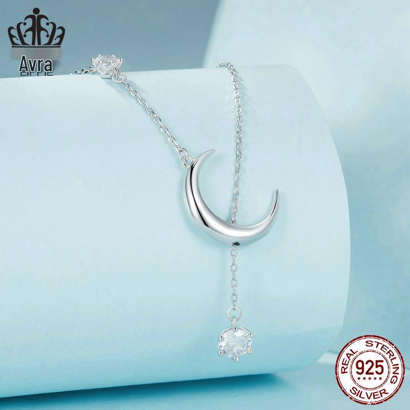 Everle Minimalist Moon Y Necklace: S925 Sterling Silver, Rhodium-Plated, Zircon Adorned Versatile Jewelry for Women.