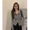 Gray Blouse Jacket for Women In Spring and Autumn Short V-neck Slim Body Design Sense Waist-hugging Polo Long-sleeved Cardigan