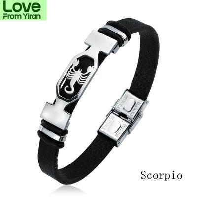 12 Constellation Cuff Bracelet Mens Womens Constellation Black Leather Wrapped Bracelet Jewelry