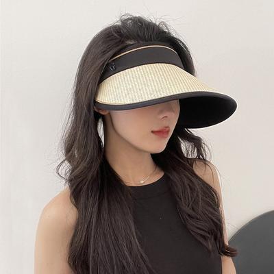 UV Women's Straw Visor Hat for Summer, Foldable Sun Hat Without a Top, Duckbill Straw Hat with Black-coated Sun Protection