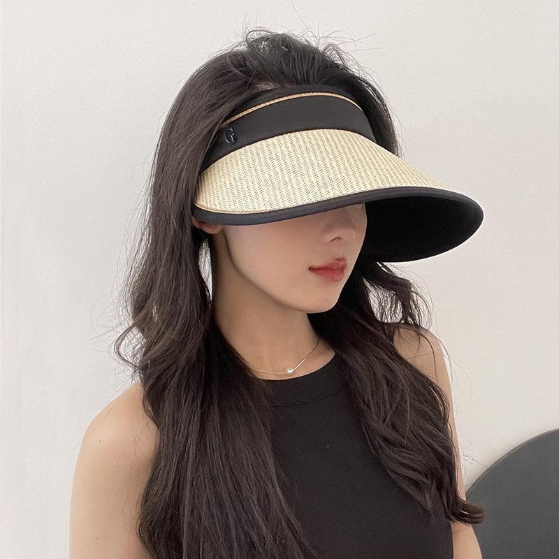 Women's Summer Wide-Brimmed Open-Top Straw Hat for Face and Sun Protection, Outdoor Cycling UV Protection Sun Hat with Black Coating