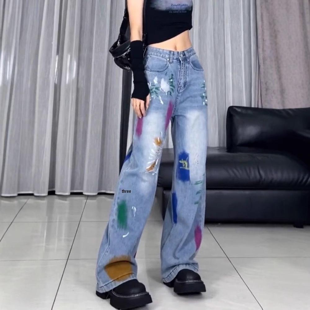 

Korean Dongdaemun 2025 Summer Graffiti Wide-Leg Ripped Denim Pants for Women S